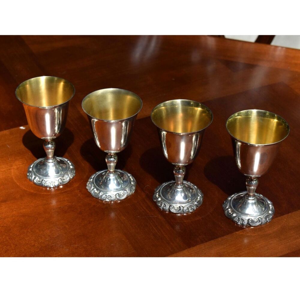 Set of 4 Vintage Wallace Baroque Silverplate Wine Goblets Gold Lined #236 - 4.5"